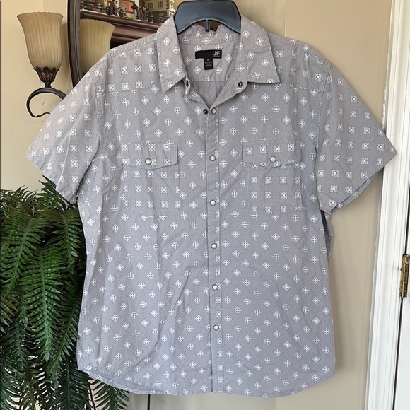J. Ferrar Slim Fit Button Down Short Sleeved Shirt Pearl Snap Geometric Gray - Picture 1 of 13